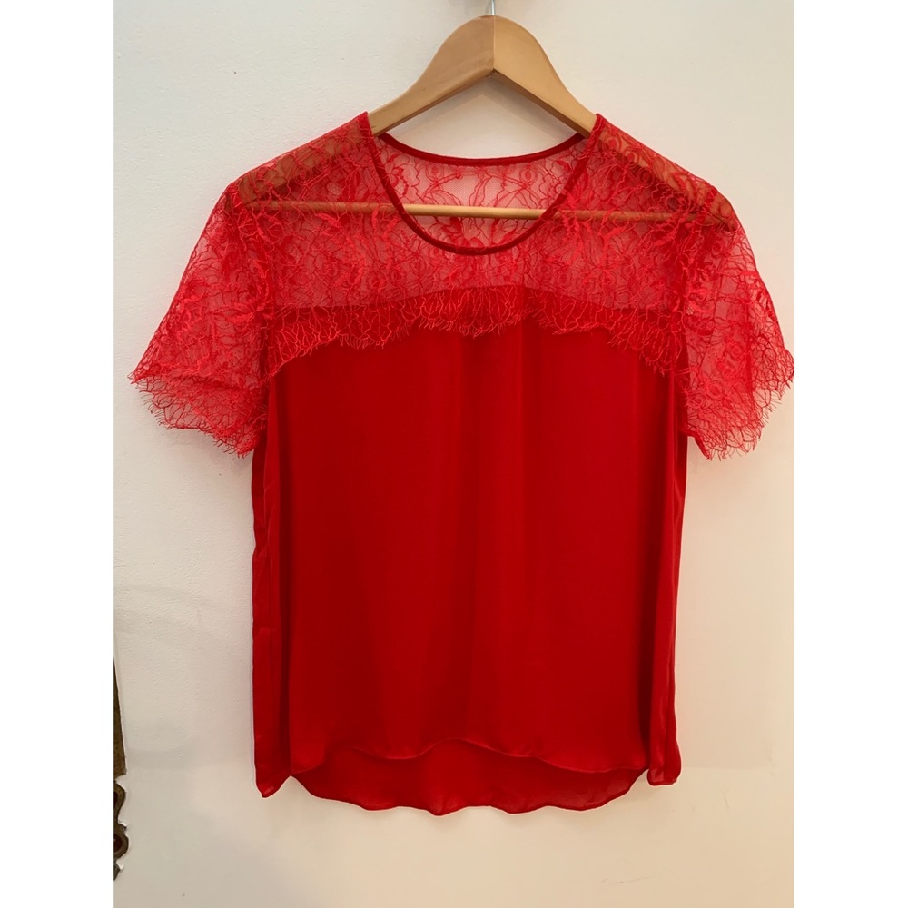 Michelle Mason Red Lace Silk Yoke Tee